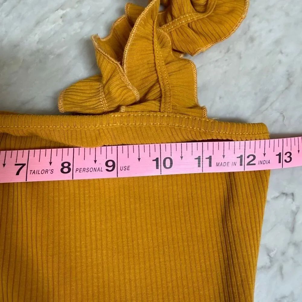 Le Lis Collection Mustard Yellow Ribbed Ruffle Strap Bodysuit Size Small - Picture 6 of 7